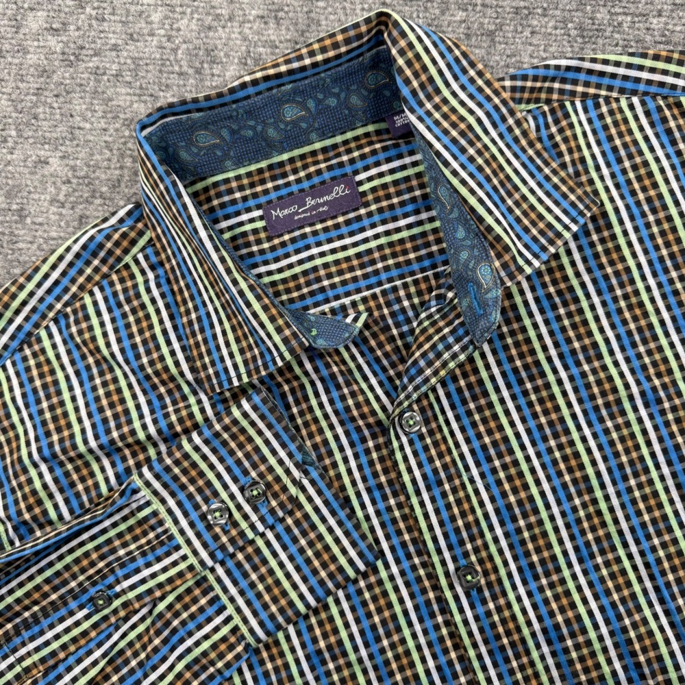 Marco Brunelli Mens Medium Plaid Button Down Long Sleeve Shirt Flip Cuff‎